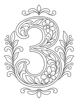 Free printable Ornamental Number Three With Flowers coloring page