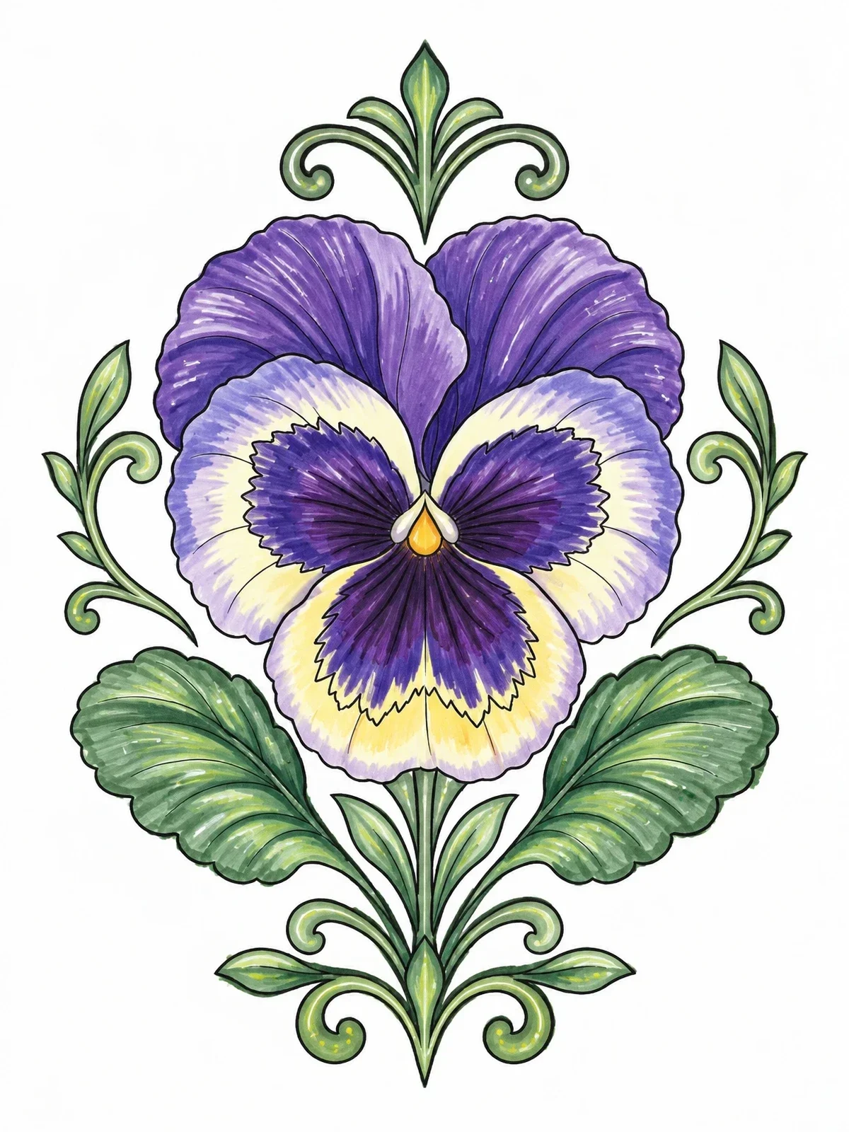Colored example of the Ornamental Pansy Blossom Design coloring page