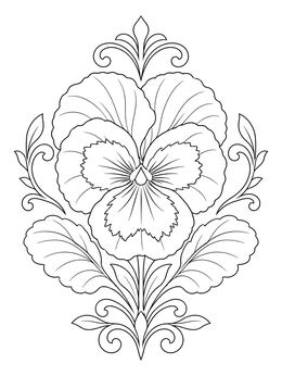 An ornate pansy coloring page with symmetric floral flourishes and detailed petals.