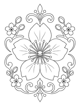 An ornate sakura coloring page displaying a centered blossom with elegant flourishes.