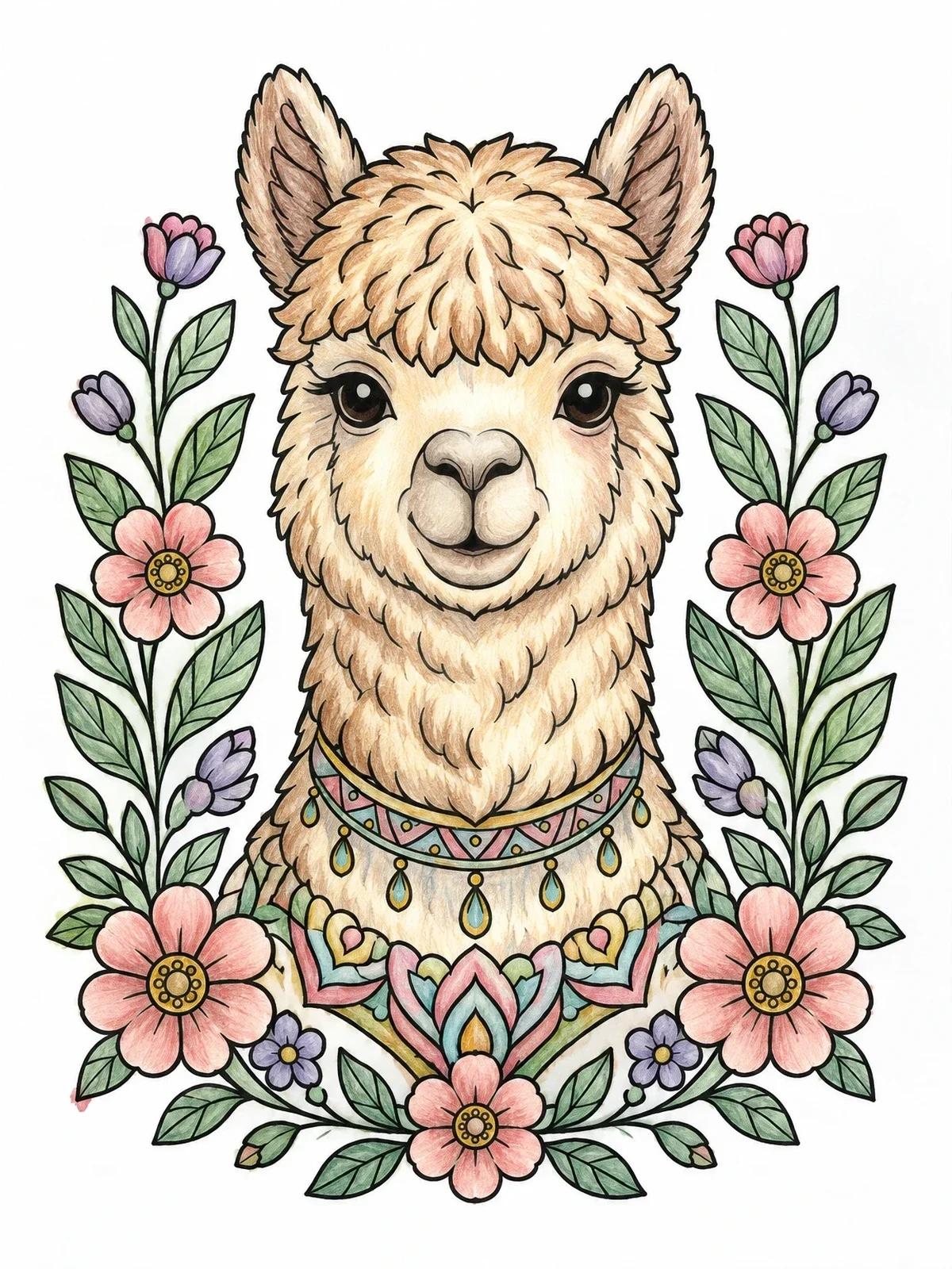 Colored example of the Ornate Alpaca Portrait With Floral Frame coloring page
