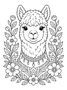 A decorative alpaca coloring page framed by blooming flowers and leaves.
