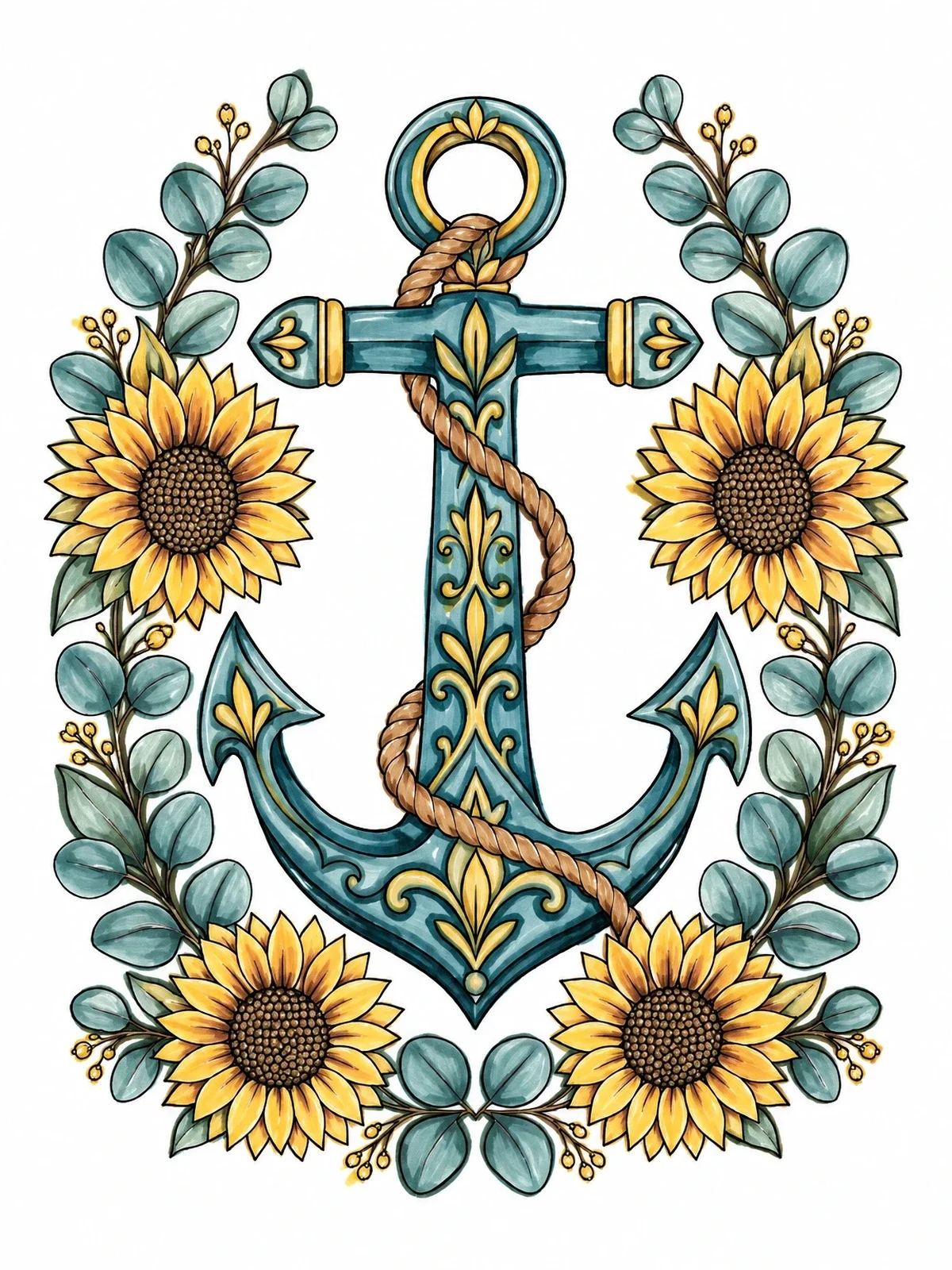 Colored example of the Ornate Anchor With Sunflowers And Foliage coloring page