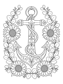 An ornate nautical anchor coloring page framed by blooming sunflowers and eucalyptus leaves.