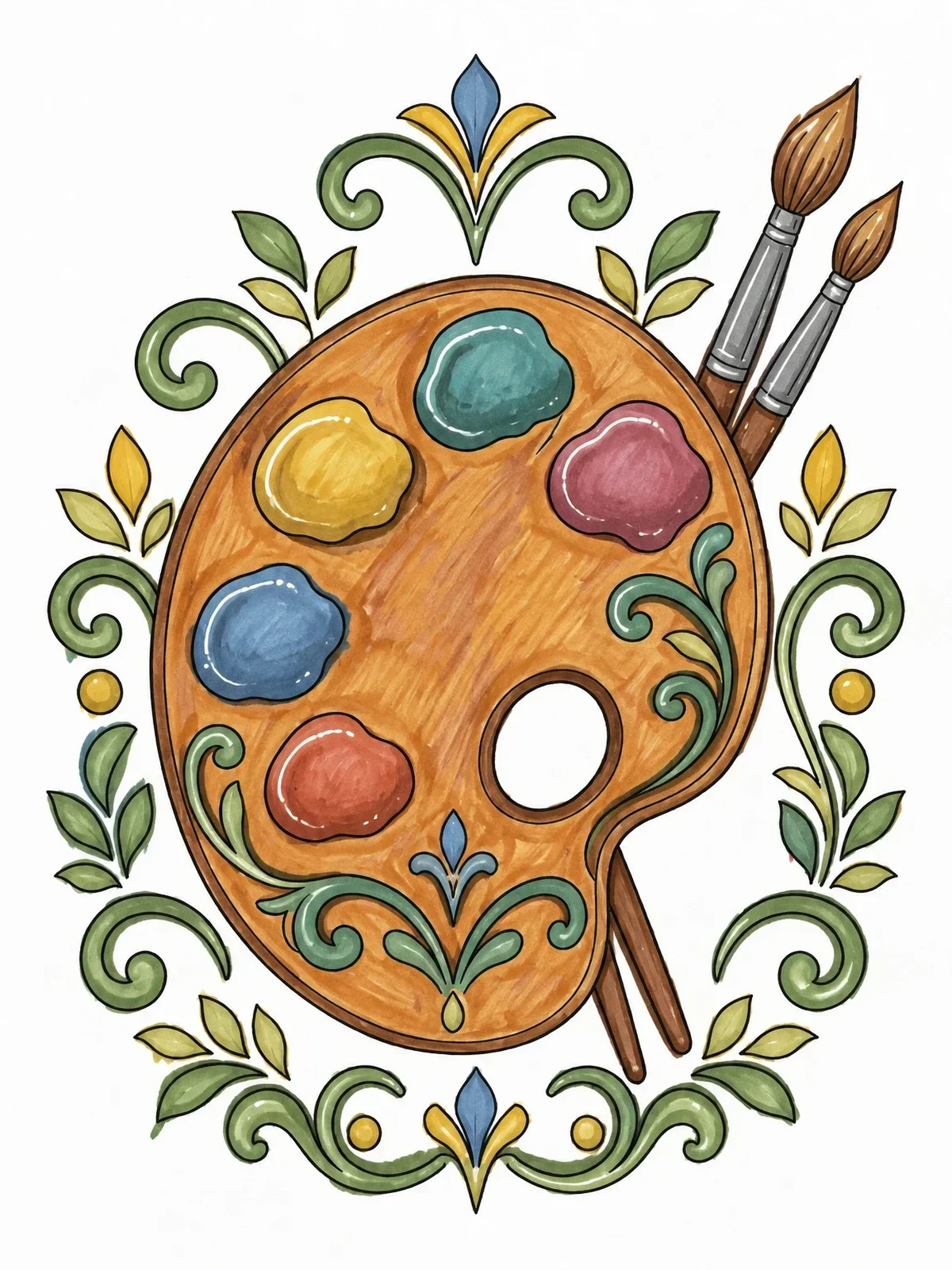 Colored example of the Ornate Artist Paint Palette And Brushes coloring page