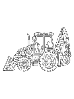 An intricate backhoe coloring page featuring floral ornamental patterns on a construction vehicle.