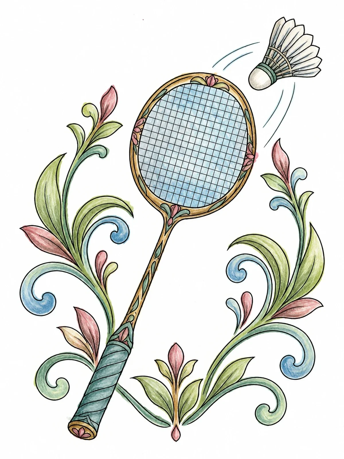 Colored example of the Ornate Badminton Racket And Shuttlecock coloring page