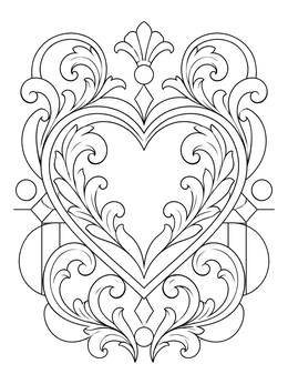An ornate heart coloring page surrounded by elegant Baroque flourishes and scrollwork.