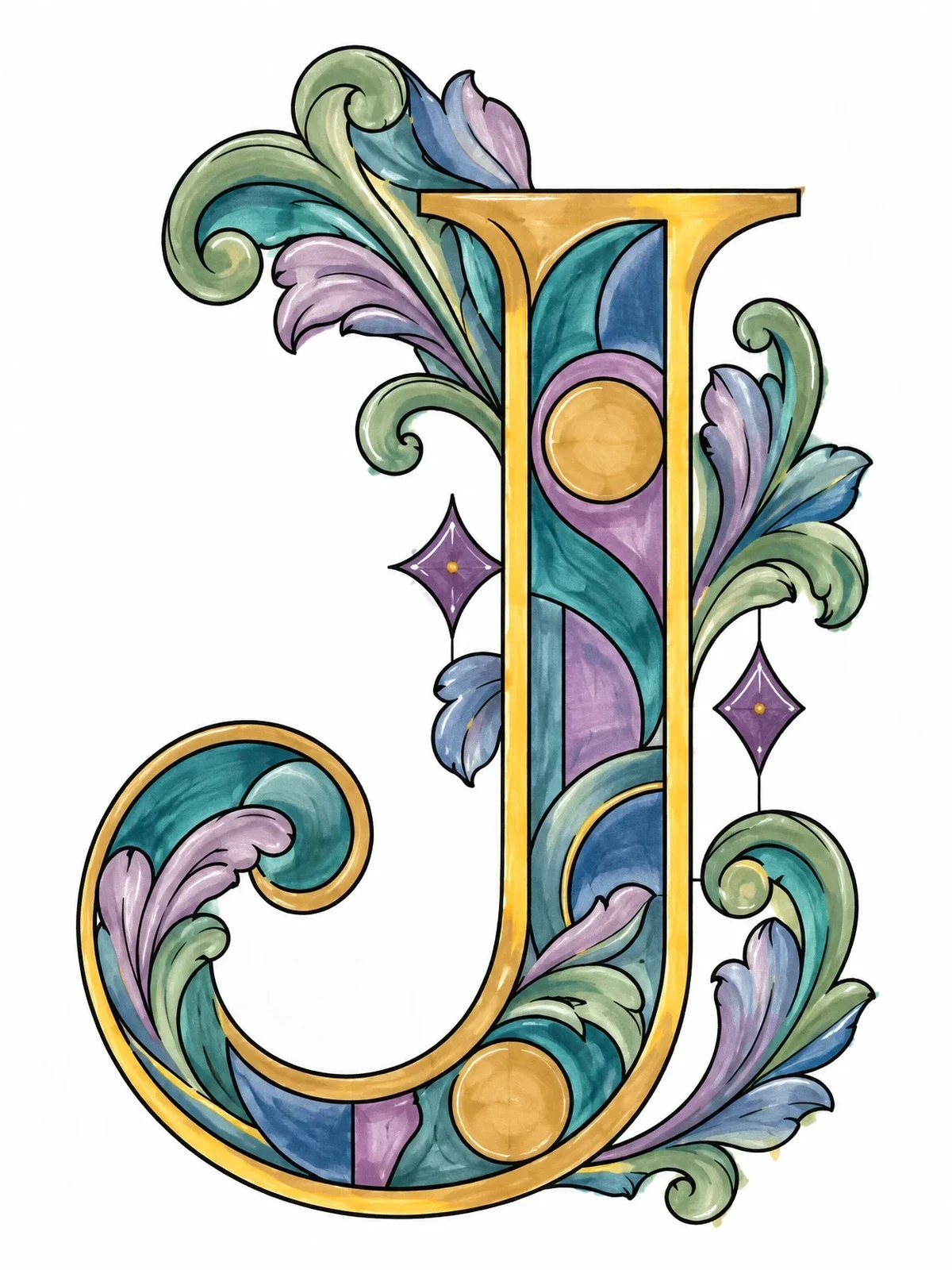 Colored example of the Ornate Baroque Capital Letter J coloring page