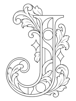 An ornate baroque letter j coloring page surrounded by elegant leaves and scrolls.