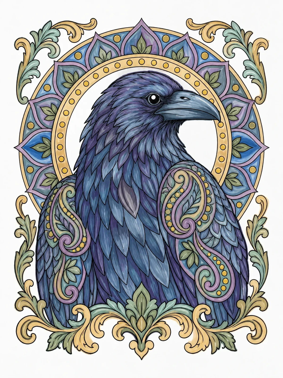 Colored example of the Ornate Baroque Raven Portrait coloring page