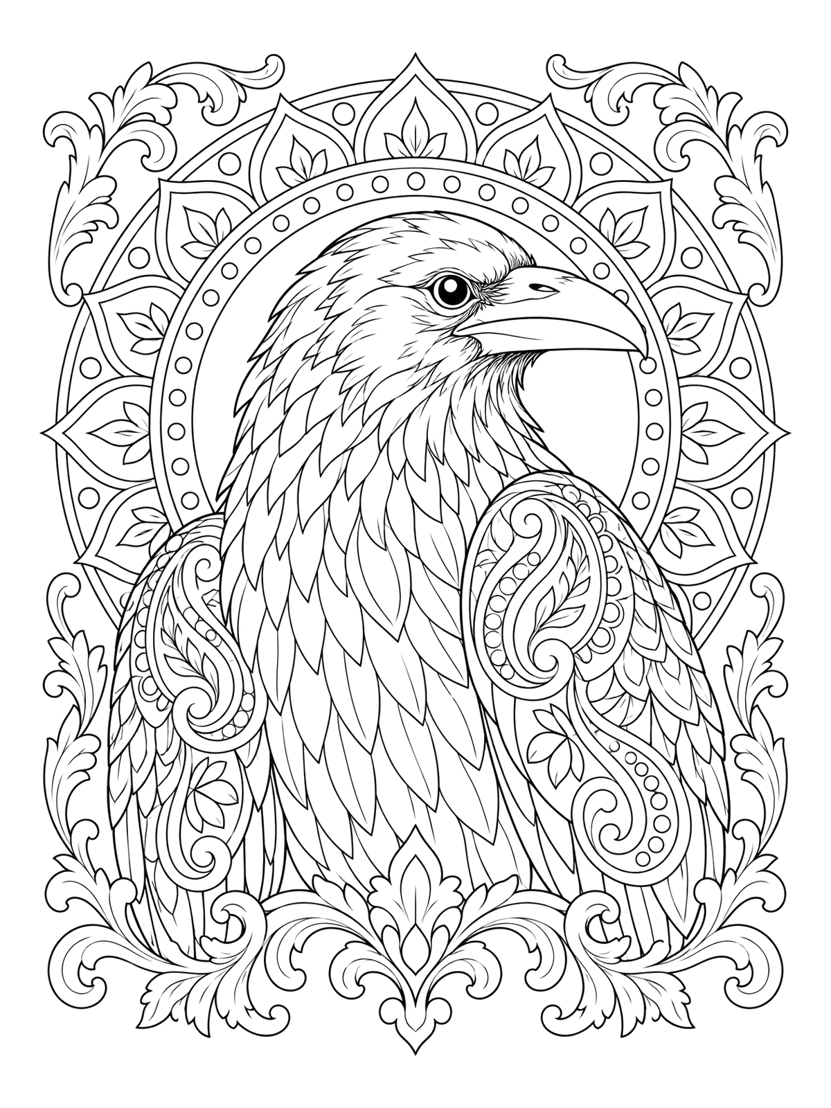 Ornate Baroque Raven Portrait Coloring Page