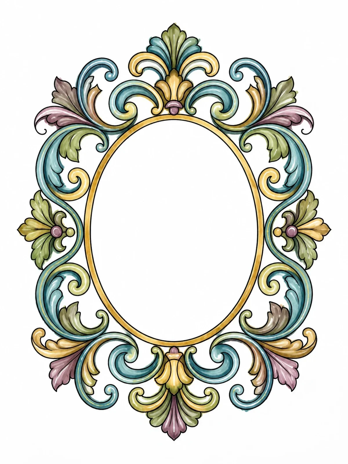 Colored example of the Ornate Baroque Swirl Frame coloring page