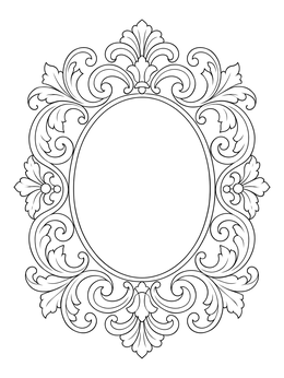 An ornate baroque swirl coloring page framing an empty oval space.