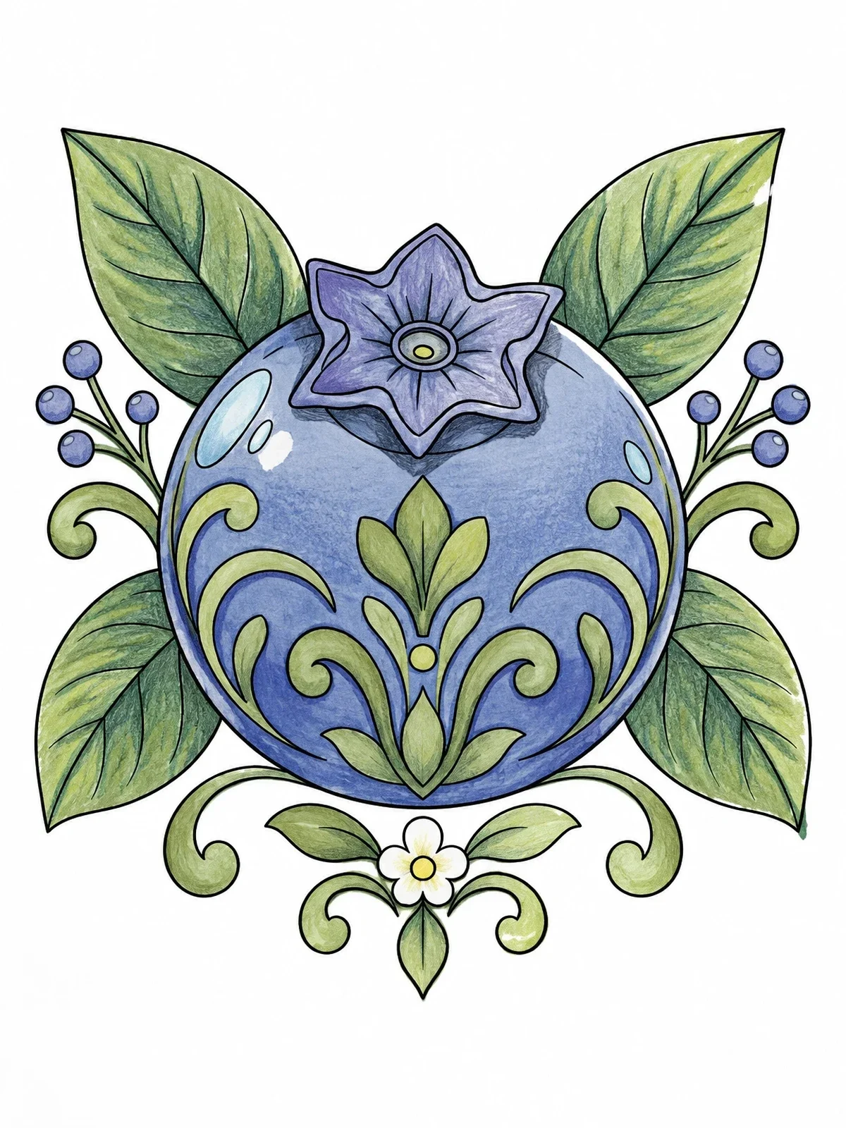 Colored example of the Ornate Blueberry With Floral Swirls coloring page