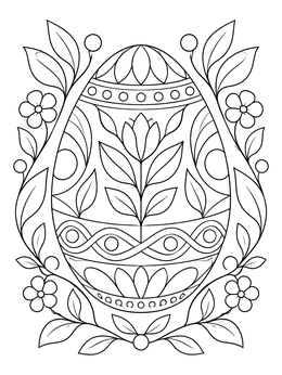 An ornate floral easter egg coloring page surrounded by botanical leaves and blossoms.
