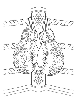 Detailed boxing coloring page showing ornate gloves hanging over the corner ropes of a ring.