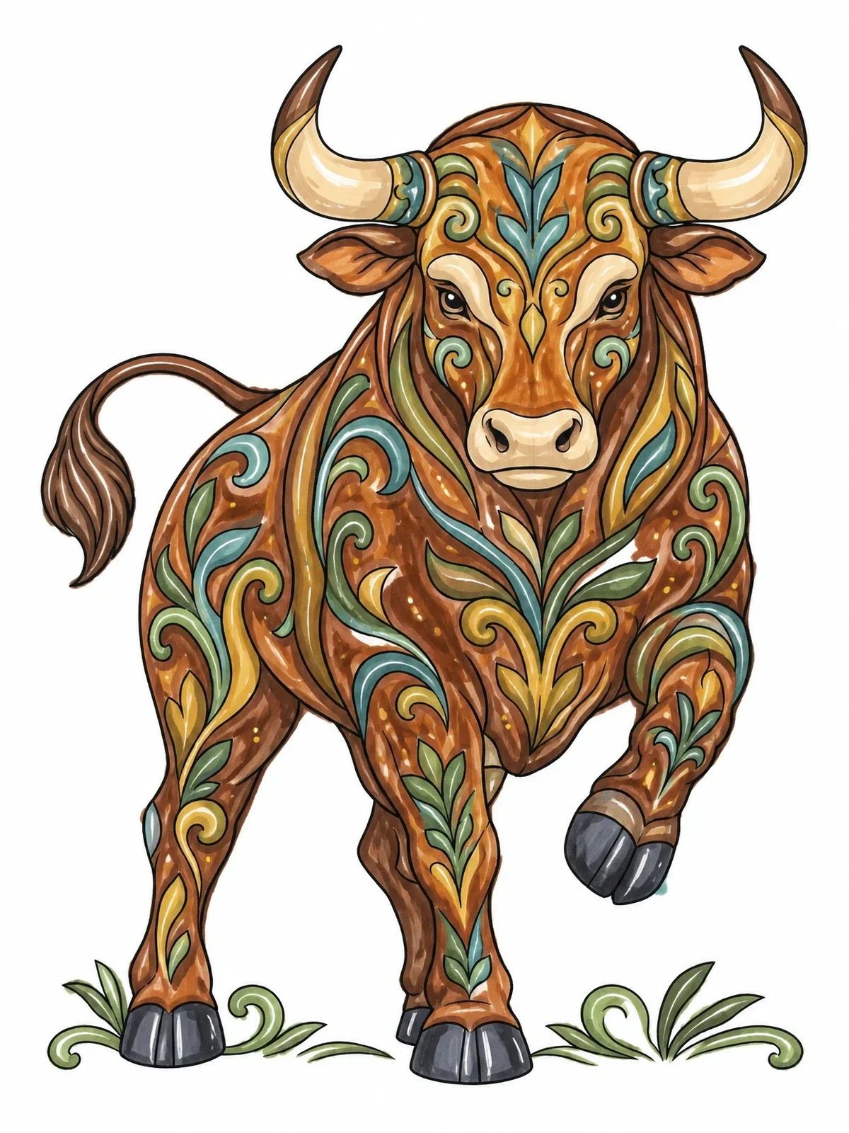 Colored example of the Ornate Bull With Floral Swirls coloring page