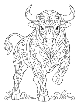 An ornate bull coloring page featuring intricate botanical swirls and curved horns.