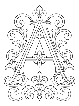 An ornate vintage letter a coloring page with elegant flourishes and botanical scrolls.