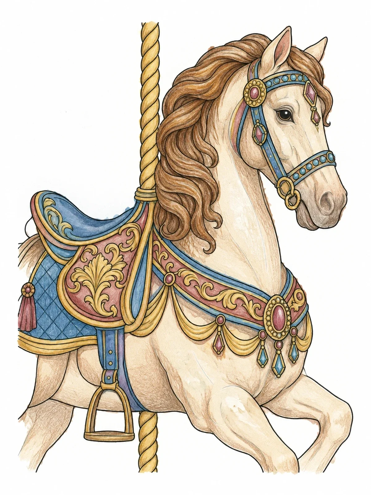 Colored example of the Ornate Carousel Horse With Parade Saddle coloring page