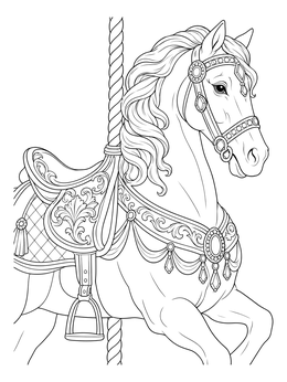 An ornate carousel horse featured in this saddle coloring page with jewels and decorative tack.