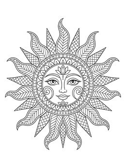 An intricate sun coloring page featuring a decorative celestial face surrounded by patterned rays.