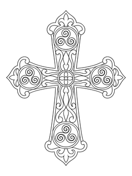 An ornate cross coloring page featuring swirling triskele motifs and elegant scrollwork.