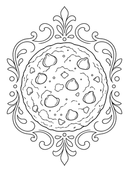 An ornate chocolate chip cookie coloring page framed by elegant decorative flourishes.