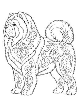 An ornate chow chow coloring page decorated with elegant floral patterns.