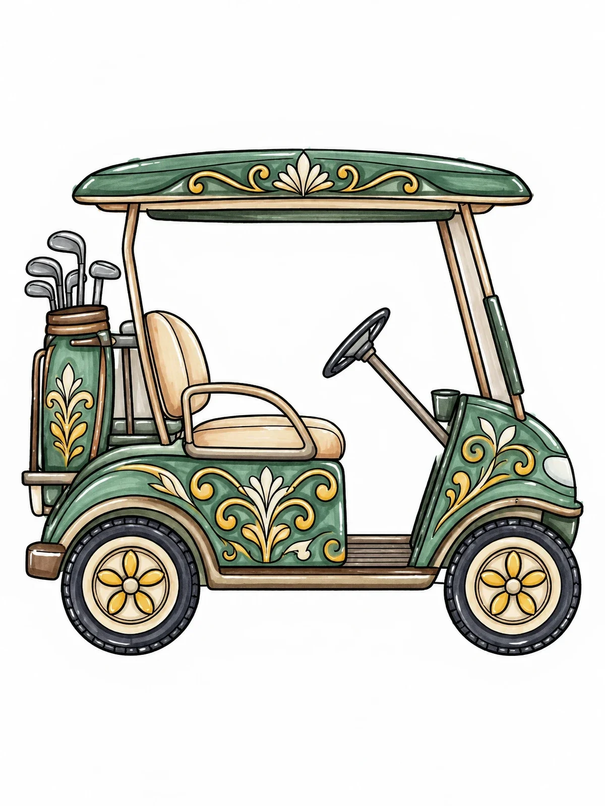 Colored example of the Ornate Classic Golf Cart coloring page