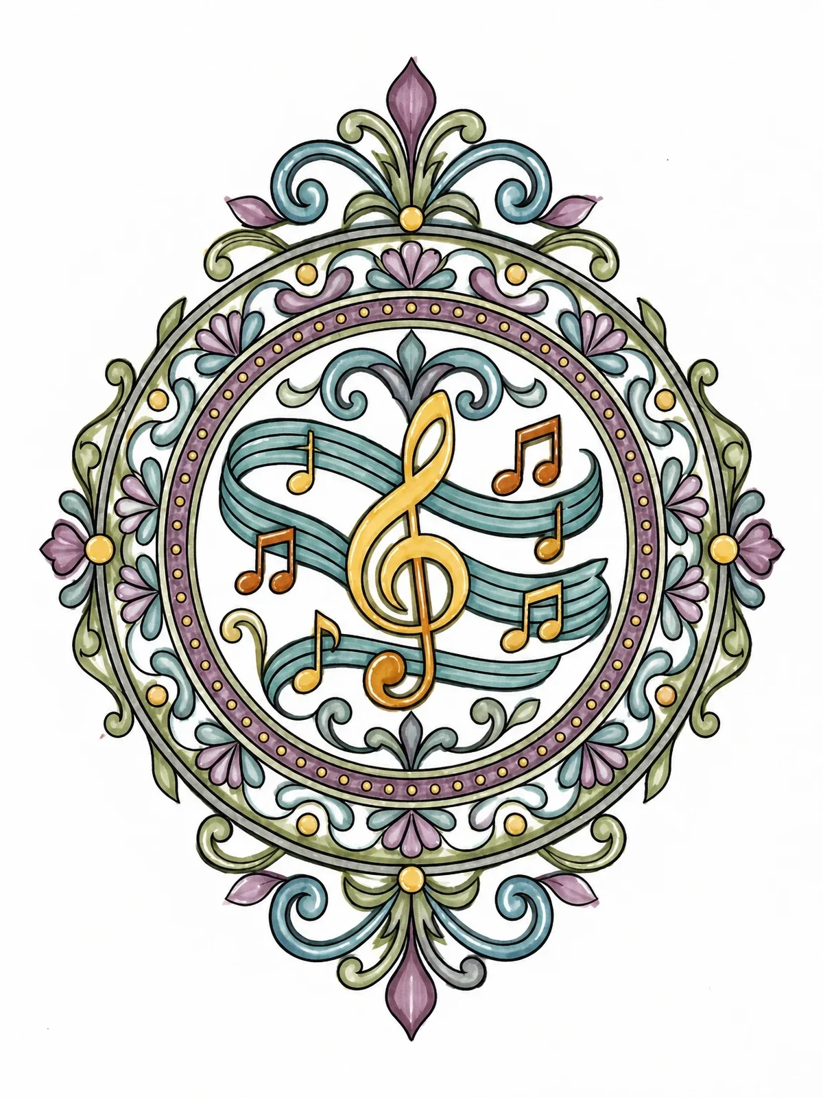 Colored example of the Ornate Clef And Musical Notes Medallion coloring page