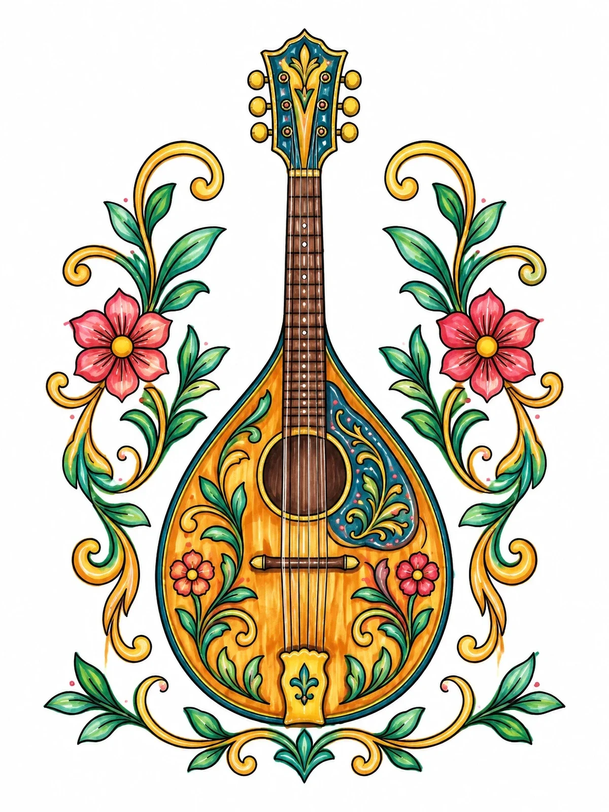 Colored example of the Ornate Country Mandolin With Flowers coloring page