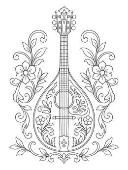 Free printable Ornate Country Mandolin With Flowers coloring page
