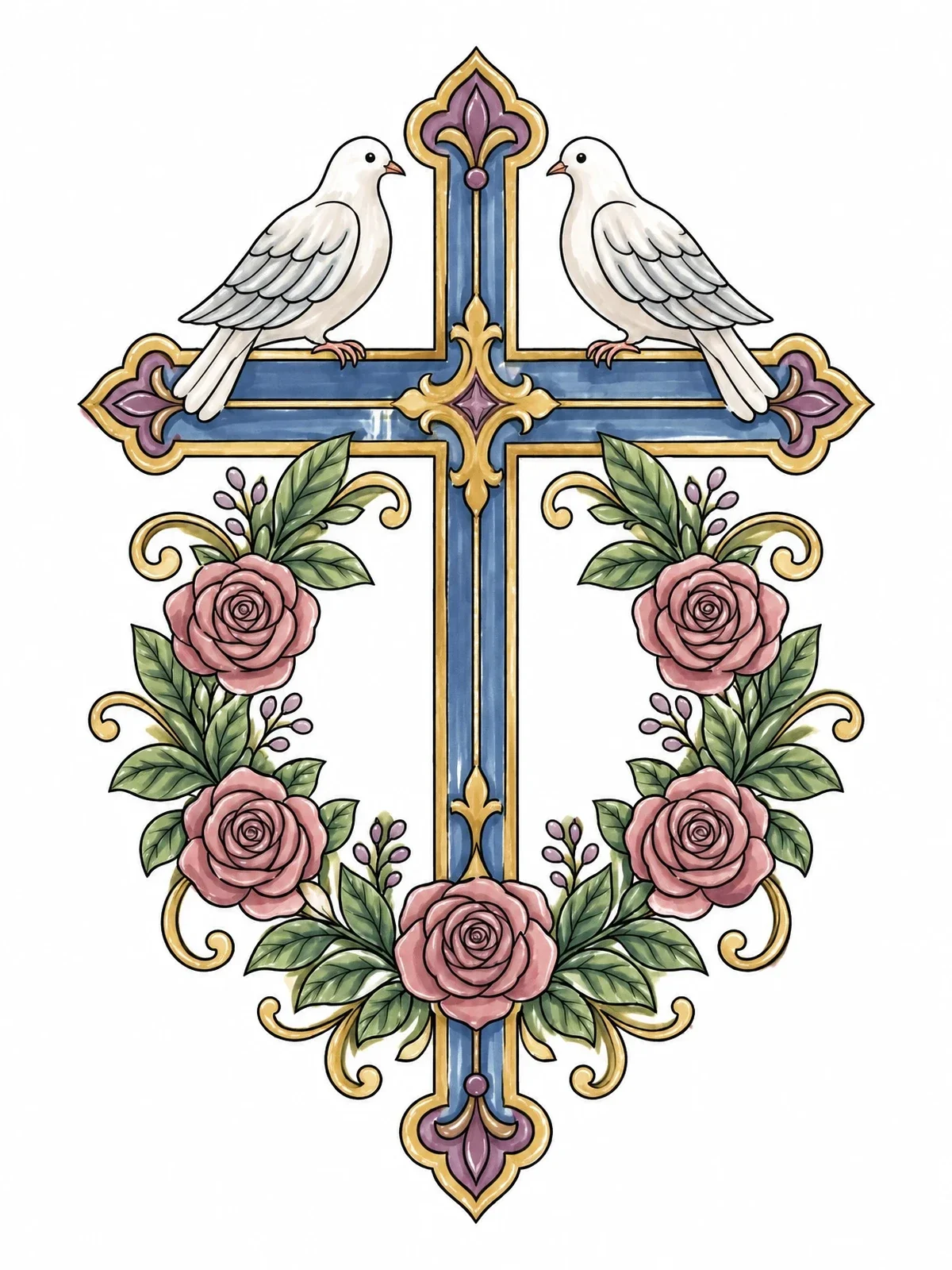 Colored example of the Ornate Cross With Doves And Roses coloring page