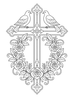 Free printable Ornate Cross With Doves And Roses coloring page