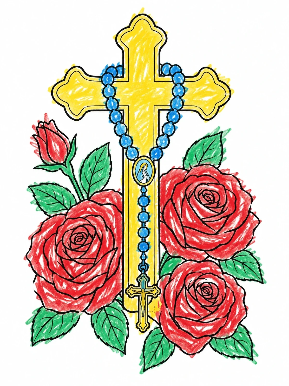 Colored example of the Ornate Cross With Rosary And Roses coloring page