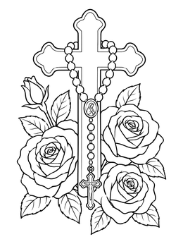 Free printable Ornate Cross With Rosary And Roses coloring page
