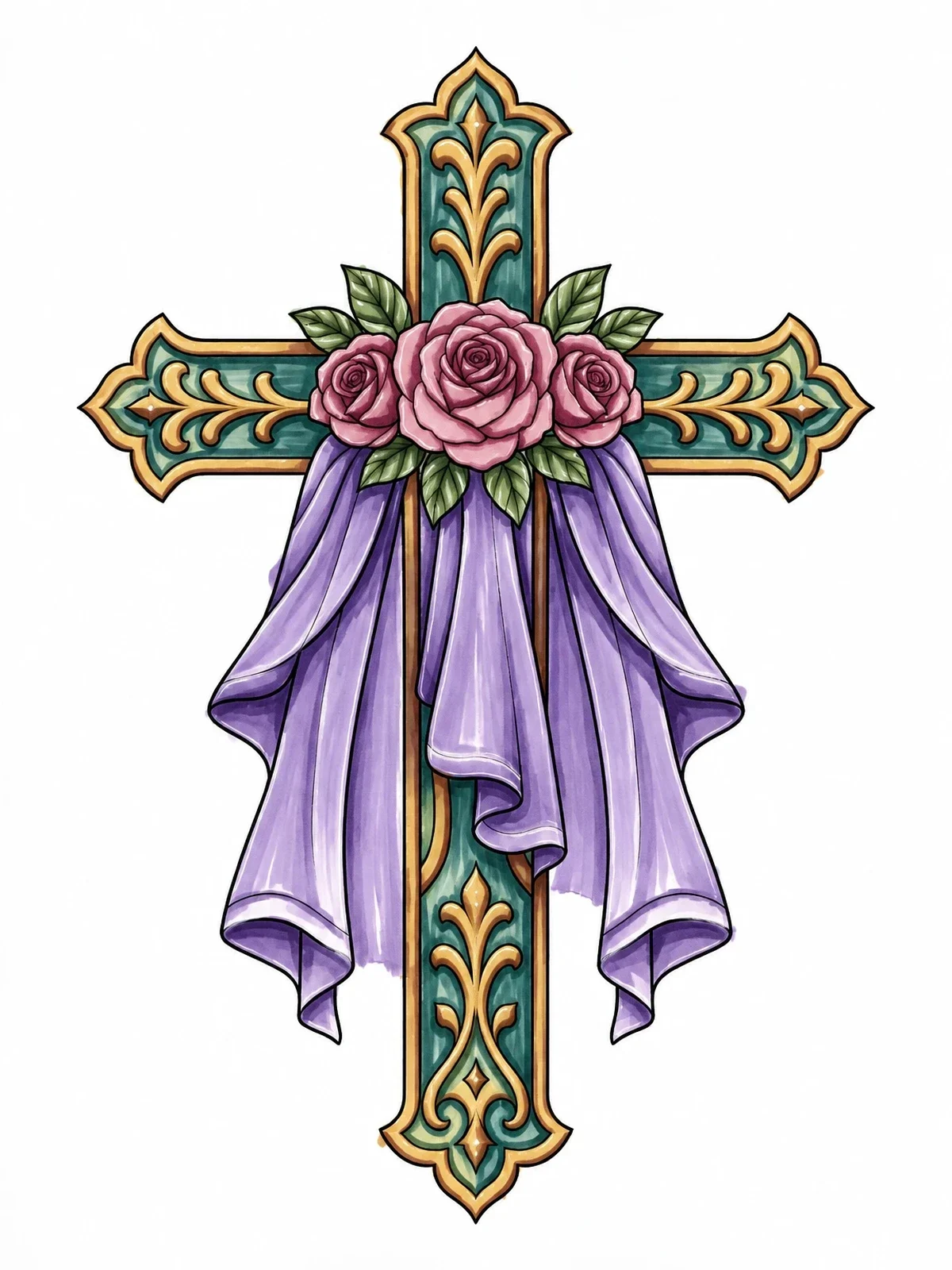 Colored example of the Ornate Cross With Roses And Fabric coloring page