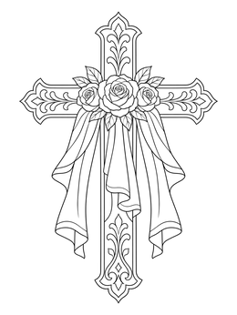 Free printable Ornate Cross With Roses And Fabric coloring page