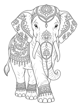 An ornate elephant coloring page with traditional floral patterns and jewelry.