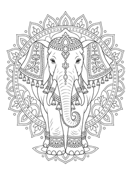 An ornate Indian elephant coloring page with a decorative mandala background.