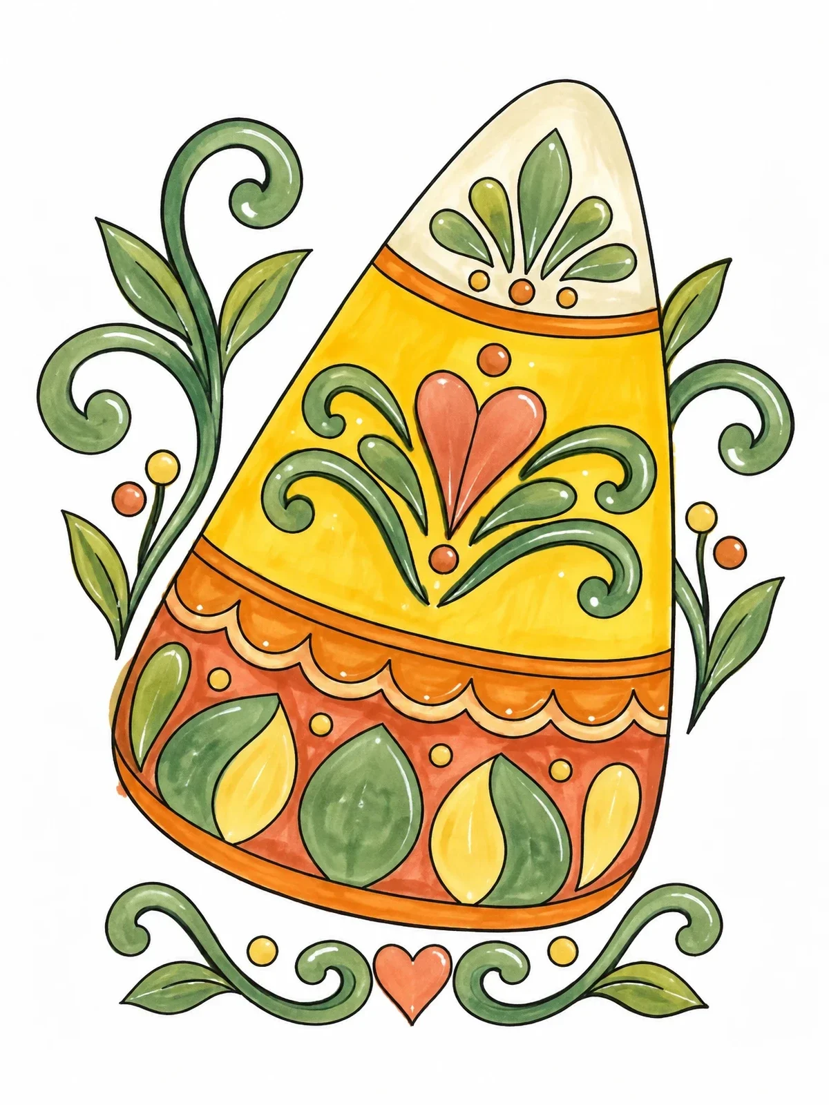 Colored example of the Ornate Decorative Candy Corn coloring page