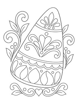 An ornate candy corn coloring page decorated with intricate floral patterns and swirls.