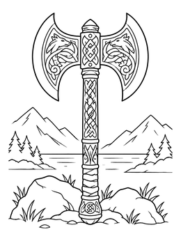 Free printable Ornate Double Bladed Battle Axe Landscape coloring page