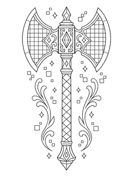 An ornate double-headed axe coloring page surrounded by magical sparkles and scrollwork.