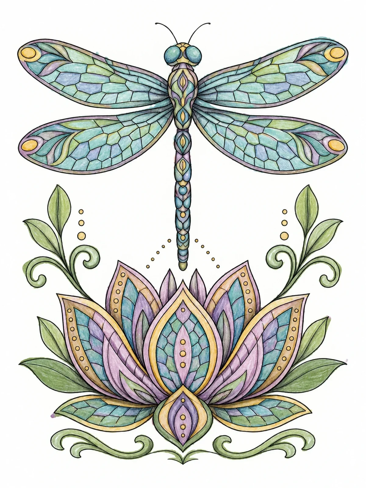 Colored example of the Ornate Dragonfly Over Lotus Flower coloring page