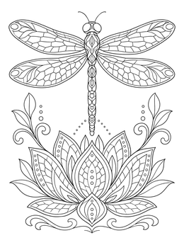 Intricate dragonfly coloring page featuring a patterned lotus bloom.