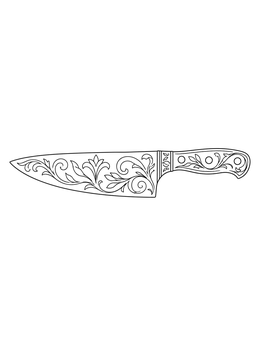 An ornate chef knife coloring page featuring detailed floral engravings on the blade and handle.