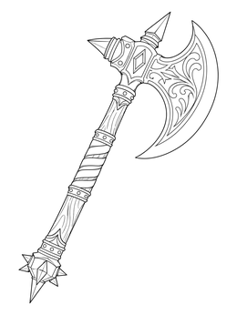 An ornate fantasy axe coloring page featuring a curved blade, wood handle, and spiked pommel.